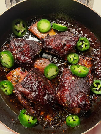 Korean sticky braised beef short ribs with fresh jalapeños