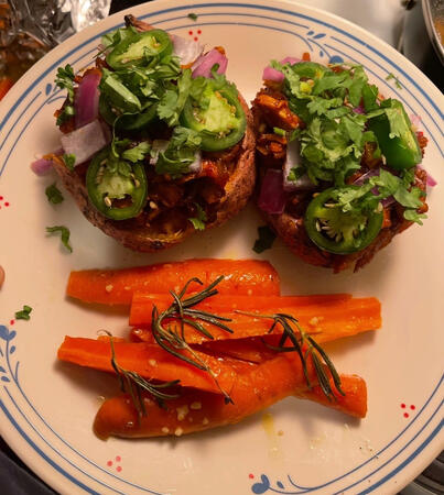 Barbecue chicken loaded sweet potatoes with honey glazed carrots